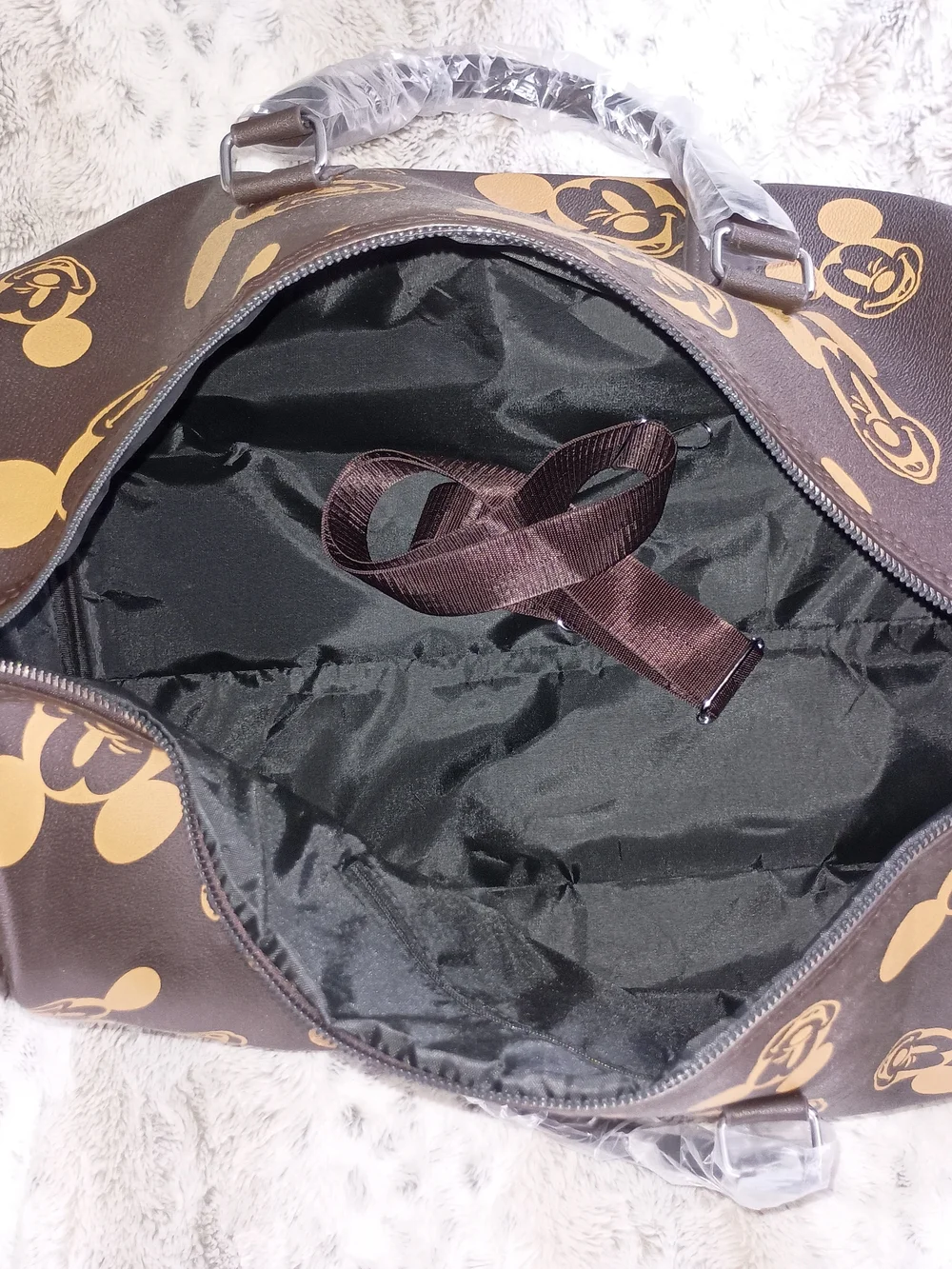 Brown Mickey Mouse Print Travel Duffle Bag